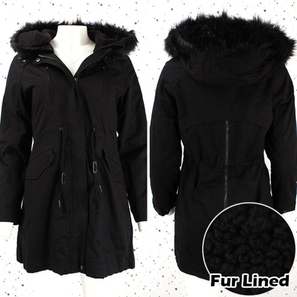 Black Long Utility Jacket Removable Hoodie Black Fur Lined